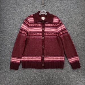 L.L. Bean Maroon and Light Pink Patterned Cardigan Size L
